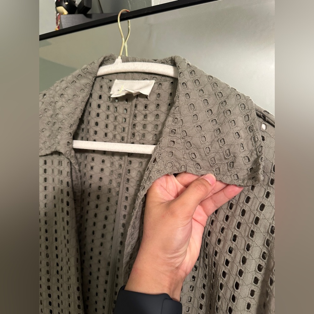 Anthropologie Collared Eyelet Olive Green Duster - Picture 2 of 10